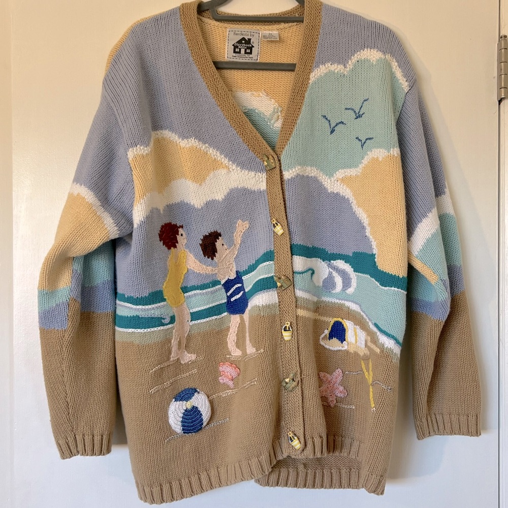 Hand knit Beach scene sweater 2X